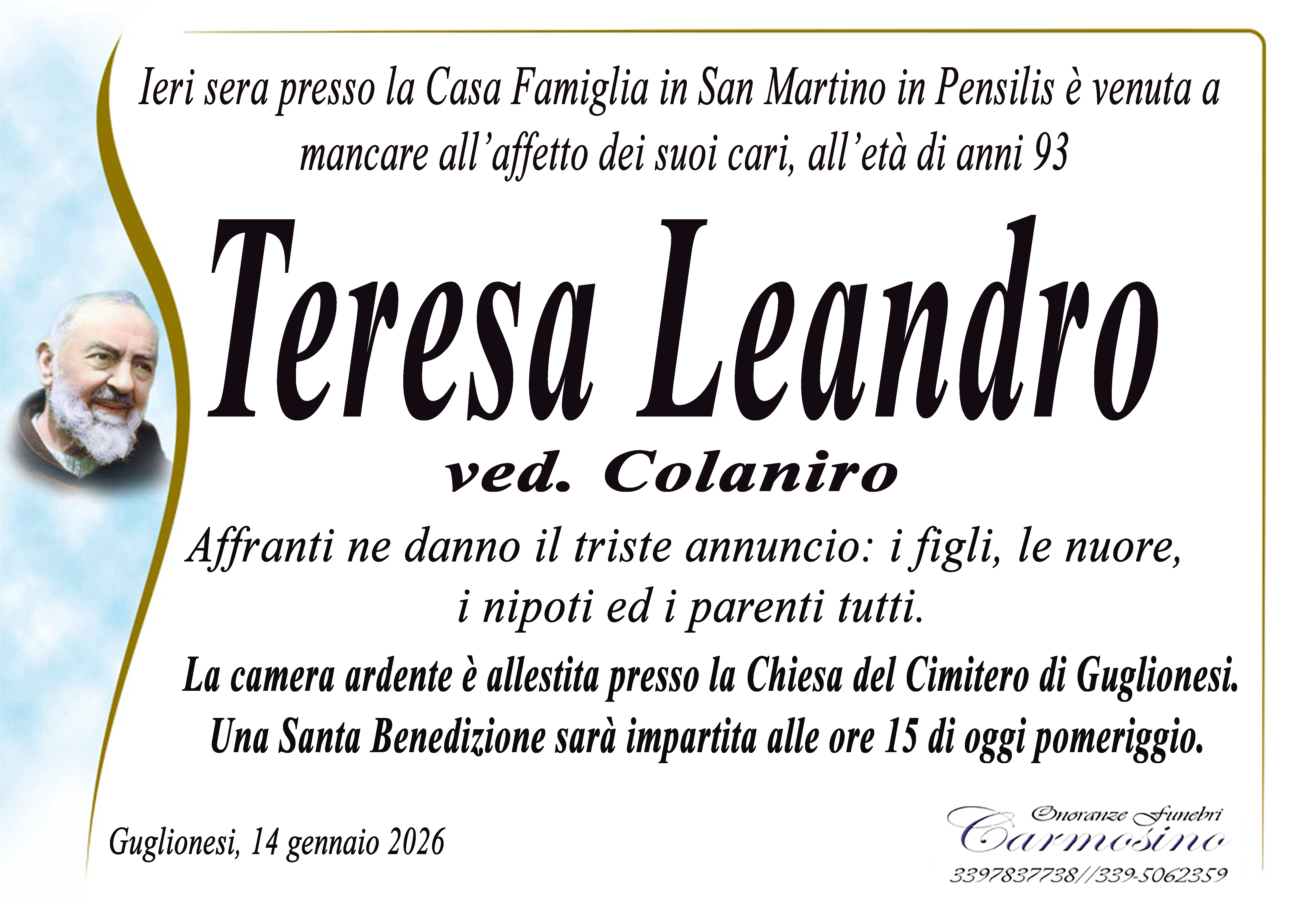 Necrologio Teresa Leandro ved. Colaniro